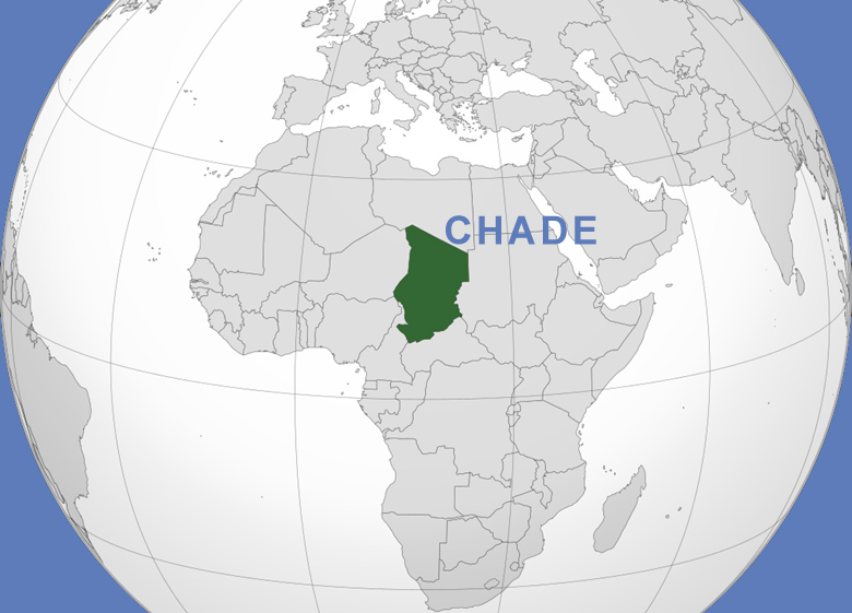 Localização do Chade, no centro-norte da África, onde se localiza a Depressão Bodélé.