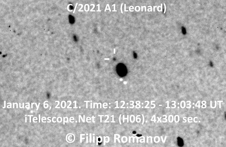 Cometa C/2021 Leonard, em imagem registrada em 6 de janeiro de 2021 pelo astrônomo Filipp Romanov.<BR>