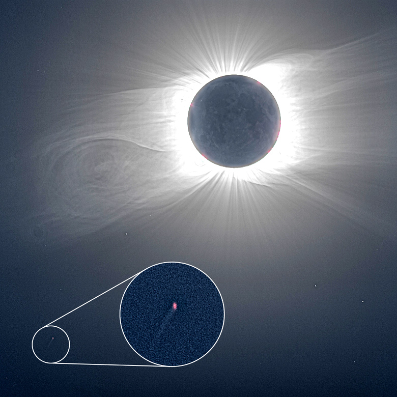 Foto feita pelo astrônomo amador Andreas Möller, mostra o cometa C/2020 X3 (SOHO), registrado durante o eclipse total do Sol, em 14 de dezembro de 2020. A foto foi feita a partir da cidade de Piedras del Aguila, Argentina.