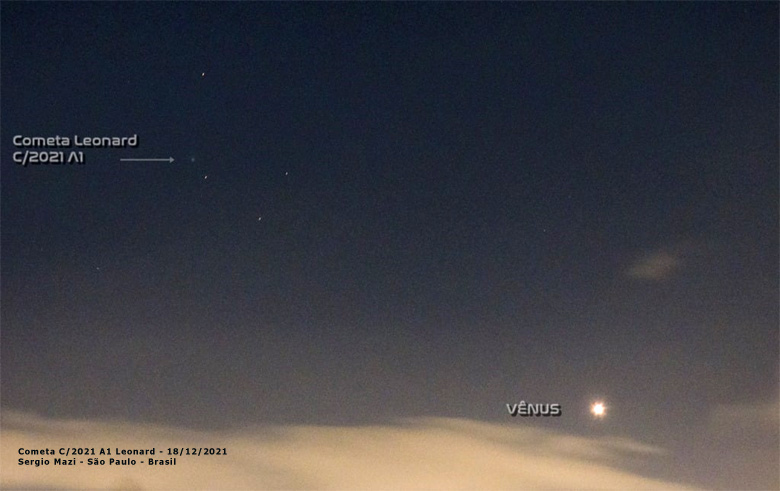 Cometa C/2021 A1 Leonard, registrado pelo astrofotógrafo Sergio Mazzi em 18 de dezembro de 2021. Mazzi fez esta foto a partir da cidade de São Paulo, onde a poluição luminosa torna bastante difícil a observação do céu. Crédito: Sergio Mazzi.