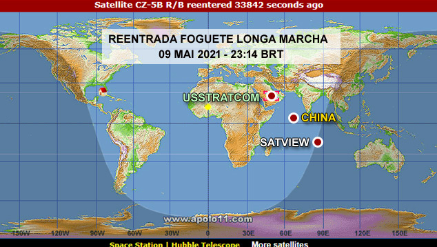 Localização da reentrada do foguete chinês Longa Marcha 5, de acordo com três fontes de rastreio.