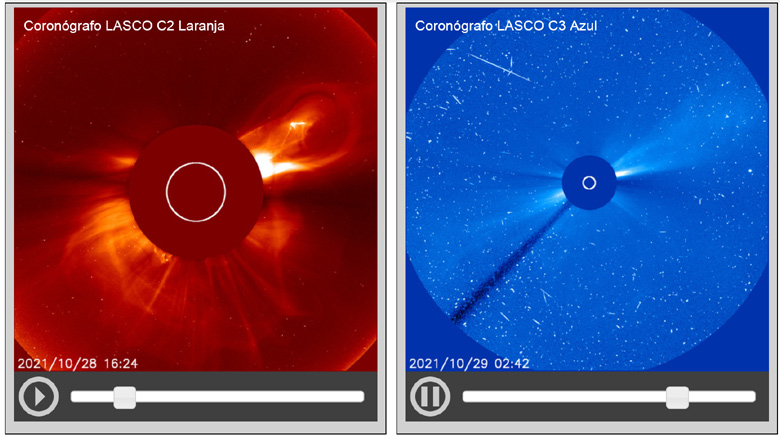 Momento da ejeção solar observada pelo telescópio espacial solar SOHO. 