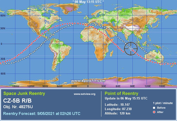 Posição de reentrada do primeiro estágio do foguete Longa Marcha 5, de acordo com o site Satview.org e pelo USstratcom, dos EUA.