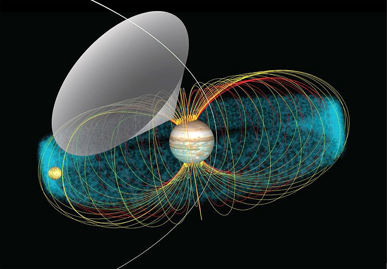 Concepção artística mostra o intenso campo magnético Joviano, com a lua Io mergulhada em seu interior. Detalhe para o cone cinza, ponto de exploração da sonda Juno. credito: NASA/GSFC/Jay Friedlander)<BR>