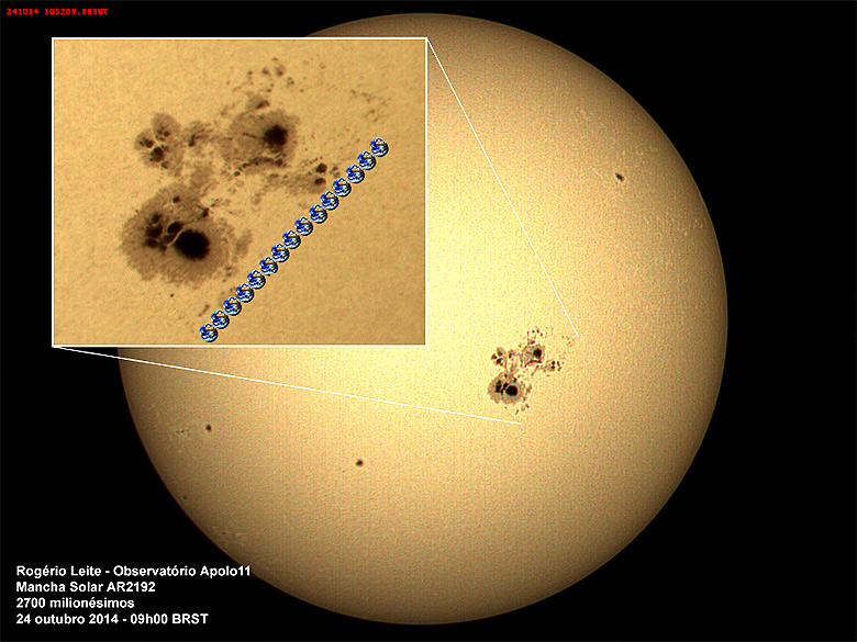 Mancha solar AR2192, formada na superfície do Sol outubro de 2014. AR2192 foi uma das maiores manchas já observadas, com cerca de 15 vezes o tamanho da Terra em extensão. 