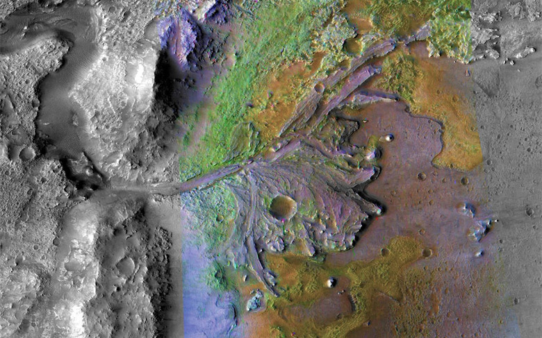Região em torno da cratera Jezero, situada na borda oeste de Isidis Planitia, uma gigantesca bacia de impacto ao norte do equador marciano. 