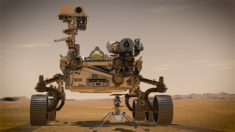 Concepção artística mostra o drone Ingenuity ao lado rover Mars Perseverance, na superfície do planeta vermelho.