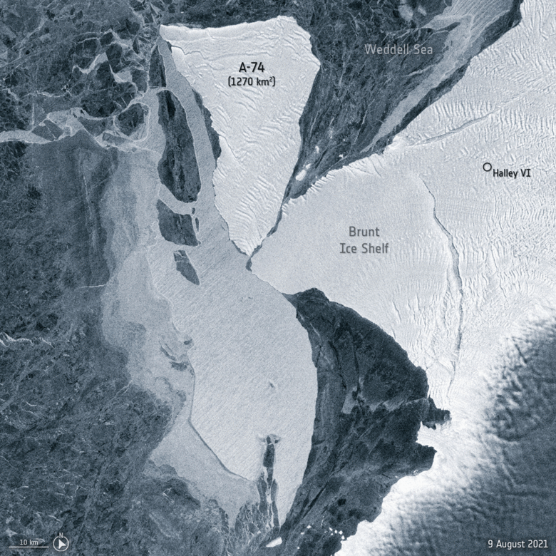 Timelapse mostra o iceberg A-74 passando rente  plataforma de Brunt, entre 9 e 18 de agosto de 2021. Crdito: ESA.