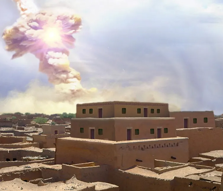 Concepo artstica mostra um possvel cenrio da exploso do meteoro sobre a cidade de Tall el-Hammam, antiga Sodoma. Crdito: Allen West and Jennifer Rice.<BR>