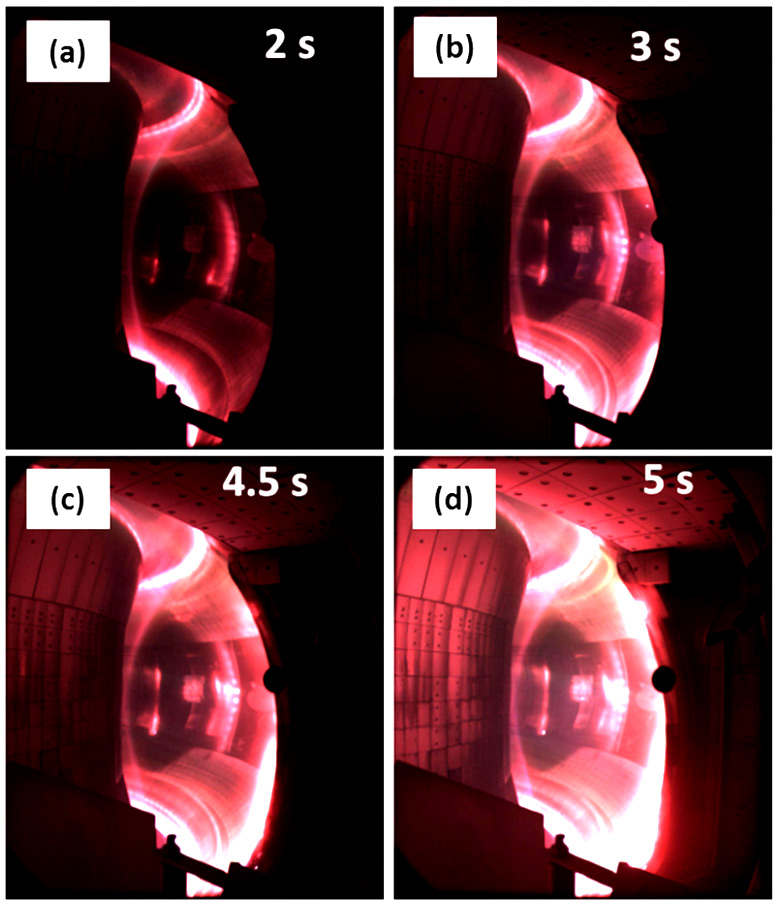 Plasma aquecido e confinado no interior da câmara de vácuo do reator EAST. A imagem mostra os primeiros 5 segundos da formação do plasma.<BR>