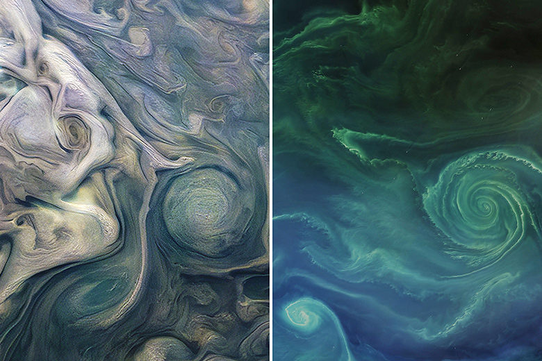 À esquerda vemos Júpiter, com nuvens ricas em amônia girando nas camadas mais externas da atmosfera. A direita vemos a uma típica floração de fitoplâncton, na Terra.