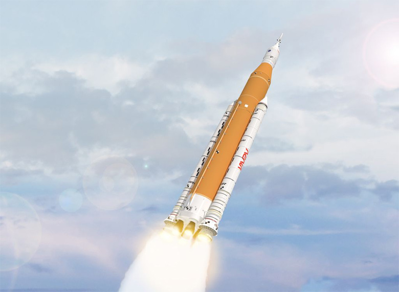 Concepção artística mostra o lançamento do foguete SLS, com a cápsula ORIN no topo. Cortesia: NASA