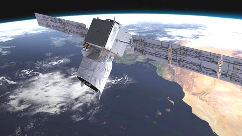 Concepo artstica mostra o satlite AEOLUS na orbita da Terra. Crdito: ESA