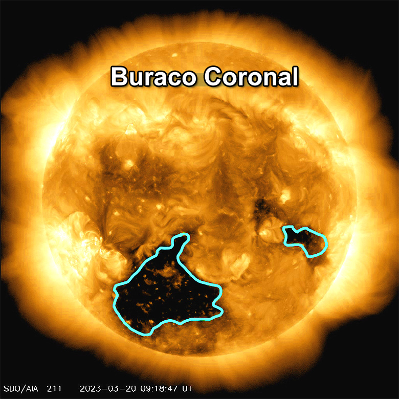 Buraco Coronal registrado em 20 de março de 2023 pelo Observatório Espacial de Dinâmica Solar, SDO, da NASA.