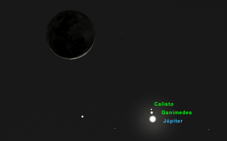 Simulação mostra como será a conjunção vista às 05h45 da manhã de quarta-feira, 17 de maio de 2023. <BR>Com um pequeno binóculo ainda será possível ver as luas galileanas Calisto e Ganimedes abrilhantar ainda mais o espetáculo!