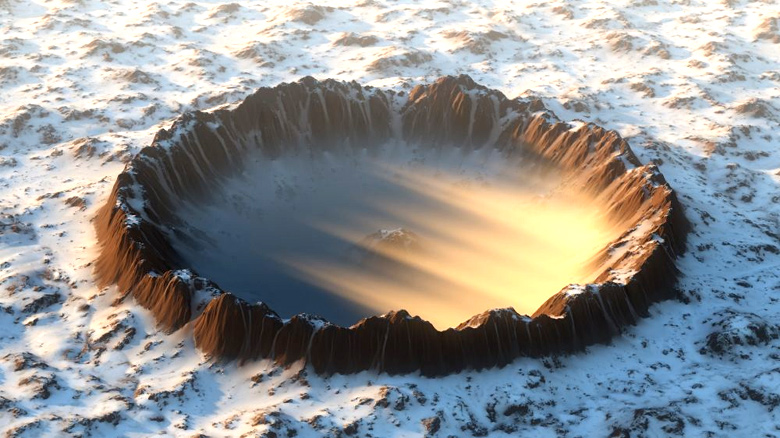 Computao grfica mostra como seria a cratera Yarrabuba, h 2 bilhes. No centro destaca-se a colina Barlangi Hill, formada rocha derretida gerada pelo impacto da rocha espacial.<BR>