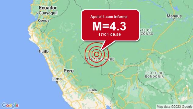 Terremoto de 4.3 pontos é registrado a 62 km de Tarauacá, AC