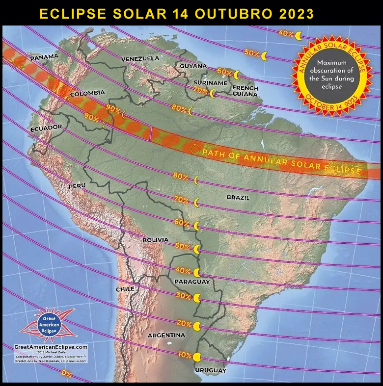 Mapa mostra a obscuridade do disco solar em diversas áreas do Brasil durante o eclipse solar de 14 de outubro de 2023. Crédito: Great American Eclipse.
