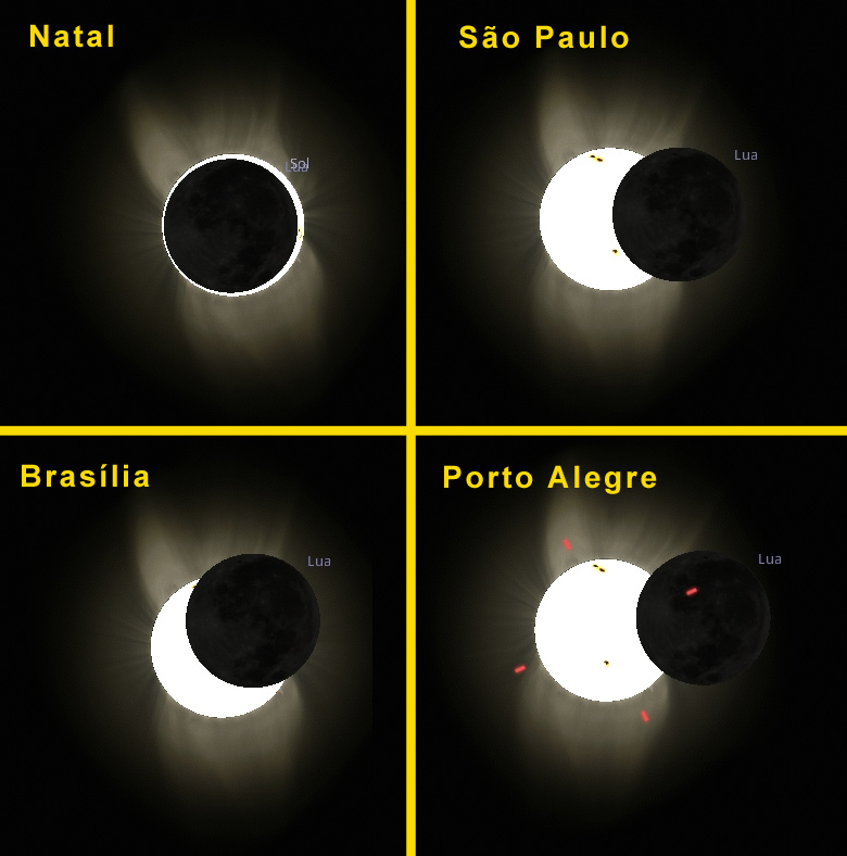 Imagem simulada mostra como será o eclipse solar de 14 de outubro de 2023 em algumas capitais brasileiras. Crédito: Apolo11.com