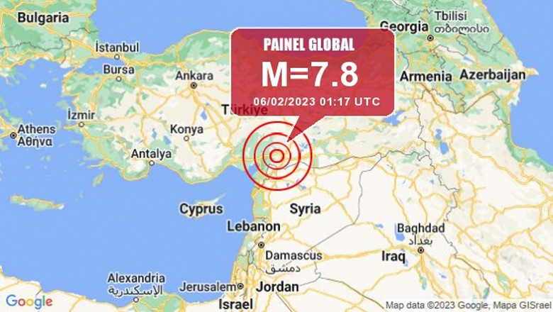 Mapa mostra a localização dos eventos sísmicos de 6 de fevereiro, ocorridos entre o sul da Turquia e norte da Siria.