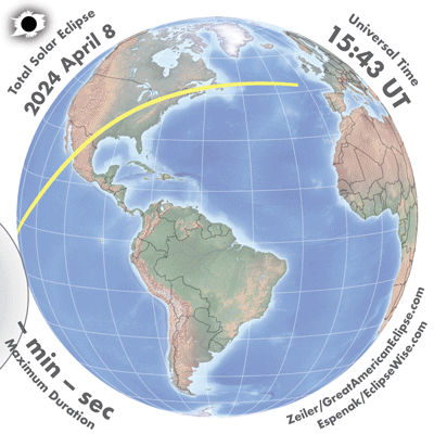 Caminho da sombra projetada na Terra durante o eclipse de 8 de abril de 2024.