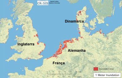Áreas inundadas na Europa com aquecimento global
