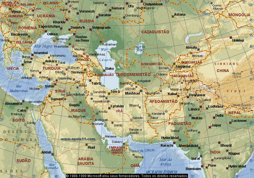 Mapa do Oriente Médio e Ásia Oriental